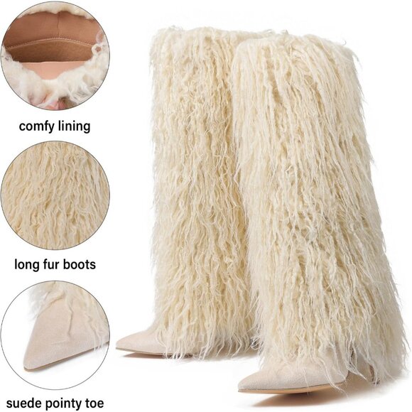 Women's Beige Kalstage Fur Knee High Heeled Wide Calf Party Fashion Boots - Picture 3 of 6